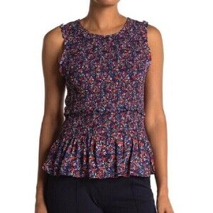 Parker womens floral navy blue silk-blend smocked sleeveless top Size XXL blouse